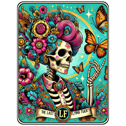 This vibrant art print features a colorful skeleton adorned with flowers and butterflies, showcasing a playful and whimsical design.