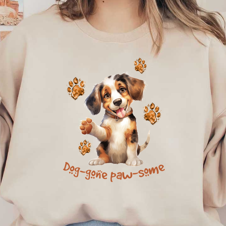 ¡Un alegre cachorro de estilo de dibujos animados que saluda con huellas de patas y el texto divertido "Dog-gone paw-some" agrega un toque divertido!