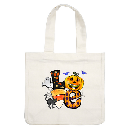 A vibrant Halloween-themed illustration featuring a mischievous pumpkin, ghost, cat, candy corn, and flying bats in playful colors. dtf prints