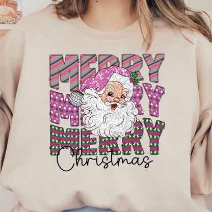 A festive graphic featuring a cheerful Santa Claus surrounded by colorful "MERRY" text, perfect for celebrating Christmas.dtf regular iron