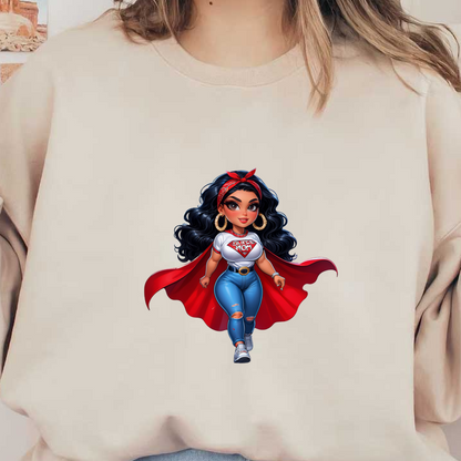 Un elegante personaje de superheroína que viste una espectacular capa roja, una camiseta "Super High" y jeans azules desgastados con una diadema.