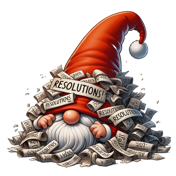 A whimsical gnome wearing a bright red hat, surrounded by a pile of scrolls labeled "RESOLUTIONS!" in a festive design.dtf regular iron