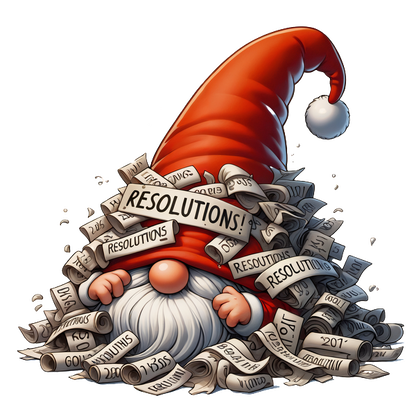 A whimsical gnome wearing a bright red hat, surrounded by a pile of scrolls labeled "RESOLUTIONS!" in a festive design.dtf regular iron