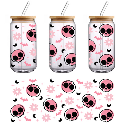 A playful pattern featuring pink skulls, flowers, bats, and stars set against a black background, perfect for quirky designs.UV Transfers dtf prints