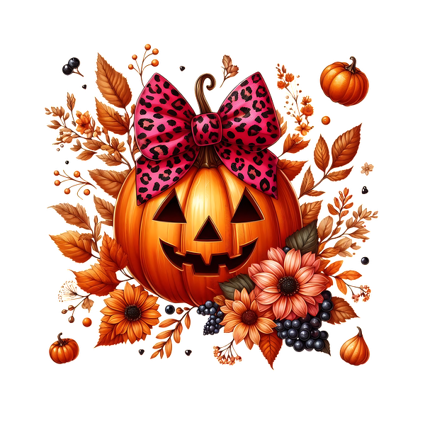 A vibrant, festive Halloween pumpkin adorned with a pink leopard print bow, surrounded by autumn flowers and leaves. dtf transfers