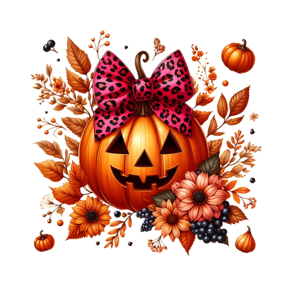 A vibrant, festive Halloween pumpkin adorned with a pink leopard print bow, surrounded by autumn flowers and leaves. dtf transfers