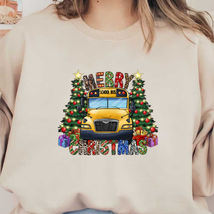 Celebrate the holiday spirit with this cheerful illustration featuring a bright yellow school bus, decorated Christmas trees, and vibrant gifts!DTF Transfers heat press transfers dtf prints