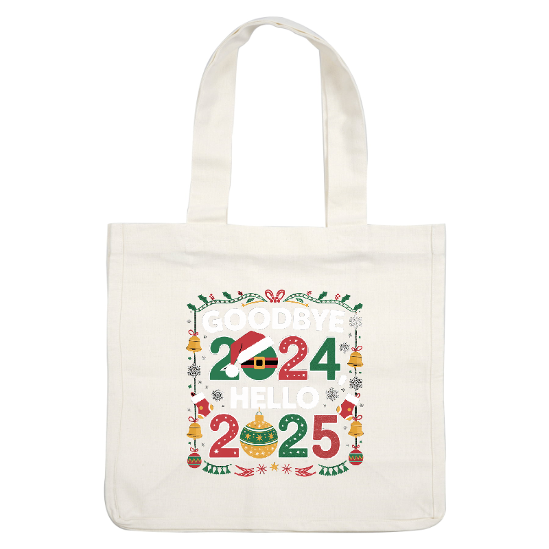 Celebrate the transition from 2024 to 2025 with this festive, colorful design featuring holiday motifs like ornaments and snowflakes!DTF Transfers