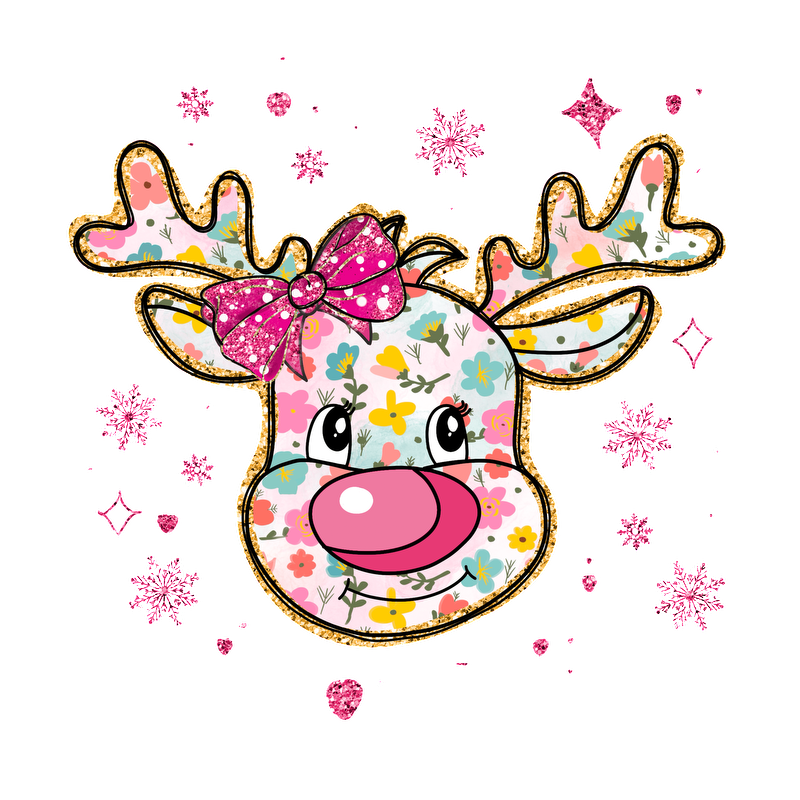 A whimsical reindeer illustration featuring colorful floral patterns and a cute pink bow, surrounded by sparkling snowflakes.DTF Transfers heat press transfers