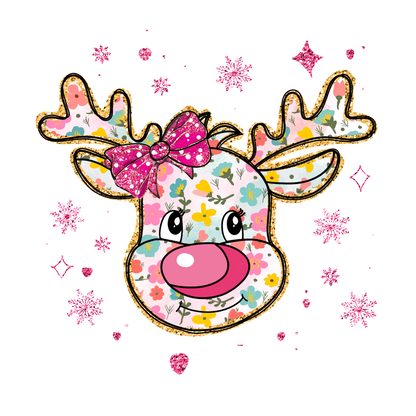 A whimsical reindeer illustration featuring colorful floral patterns and a cute pink bow, surrounded by sparkling snowflakes.DTF Transfers heat press transfers