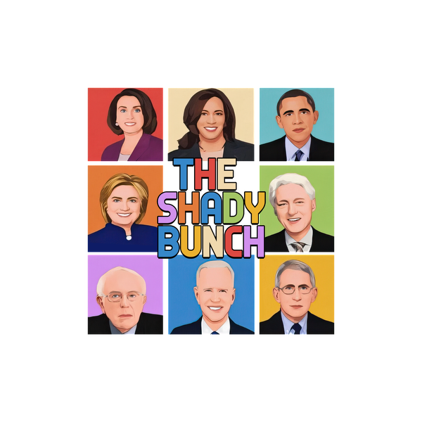 Un gráfico colorido que presenta retratos estilizados de figuras políticas, titulado "The Shady Bunch", dispuestos en un diseño de cuadrícula.