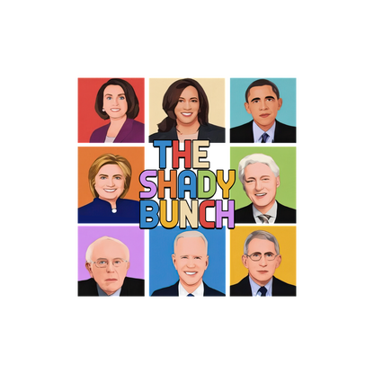 Un gráfico colorido que presenta retratos estilizados de figuras políticas, titulado "The Shady Bunch", dispuestos en un diseño de cuadrícula.