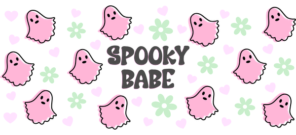 A playful and colorful design featuring cute pink ghosts, hearts, and flowers, with the text "Spooky Babe" at the center.UV Transfers heat press transfers