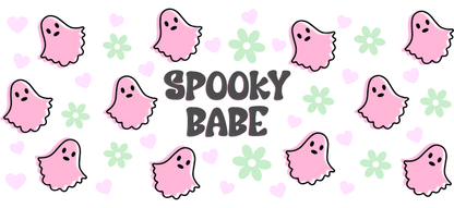 A playful and colorful design featuring cute pink ghosts, hearts, and flowers, with the text "Spooky Babe" at the center.UV Transfers heat press transfers