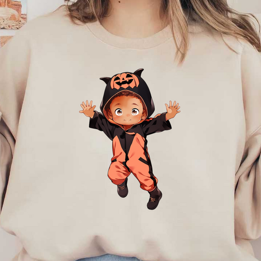 A cute child in an orange and black pumpkin-themed onesie, ready for Halloween fun! dtf prints