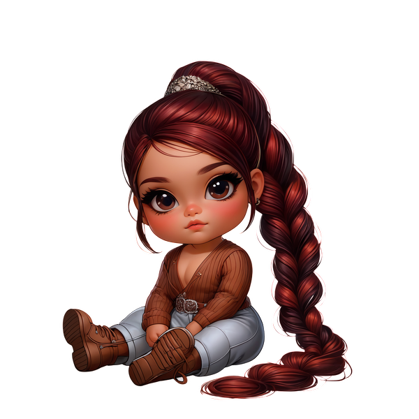 Una adorable niña de dibujos animados con cabello largo y rojo, vistiendo un acogedor suéter marrón y elegantes pantalones grises, sentada en una pose juguetona.