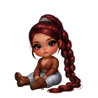 Una adorable niña de dibujos animados con cabello largo y rojo, vistiendo un acogedor suéter marrón y elegantes pantalones grises, sentada en una pose juguetona.