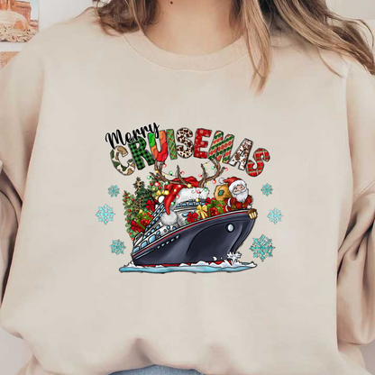 Celebrate the festive spirit with a whimsical "Merry Cruisemas" design featuring Santa on a decorated cruise ship surrounded by gifts and snowflakes.DTF Transfersdtf regular iron dtf transfers