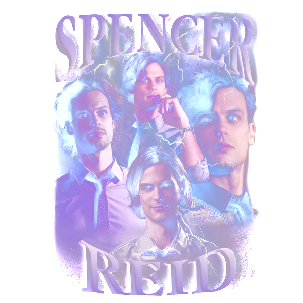 Un collage vibrante y artístico que presenta múltiples imágenes de un personaje llamado Spencer Reid, resaltadas con efectos electrizantes. Transferencias DTF