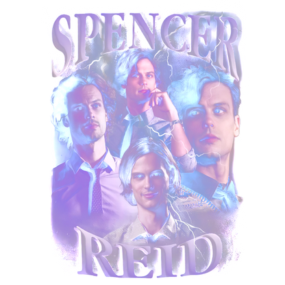 Un collage vibrante y artístico que presenta múltiples imágenes de un personaje llamado Spencer Reid, resaltadas con efectos electrizantes. Transferencias DTF