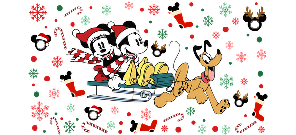 Mickey and Minnie Mouse, dressed in festive Santa hats, joyfully ride a sleigh alongside Pluto amidst a cheerful holiday backdrop.UV Transfers dtf transfers