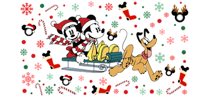 Mickey and Minnie Mouse, dressed in festive Santa hats, joyfully ride a sleigh alongside Pluto amidst a cheerful holiday backdrop.UV Transfers dtf transfers