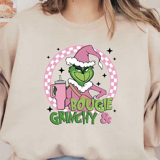 Meet the stylish Grinch, decked out in pink with a festive hat, holding a drink and radiating holiday charm!DTF Transfers dtf prints