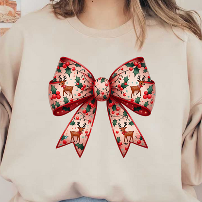 Festively designed bow featuring reindeer and holly, perfect for holiday decorations or gift wrapping. heat press transfers