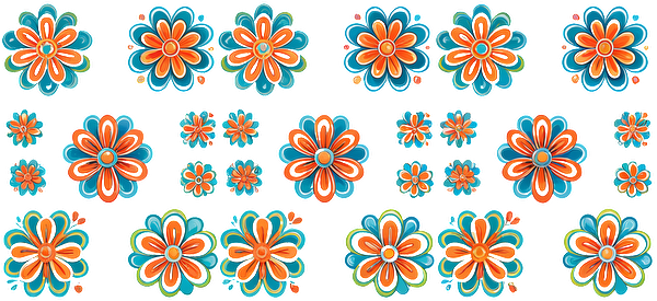 A vibrant collection of floral designs features bold turquoise and orange blossoms, showcasing various sizes and cheerful patterns.UV Transfers dtf prints