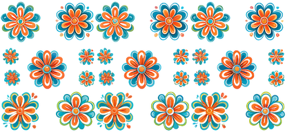 A vibrant collection of floral designs features bold turquoise and orange blossoms, showcasing various sizes and cheerful patterns.UV Transfers dtf prints