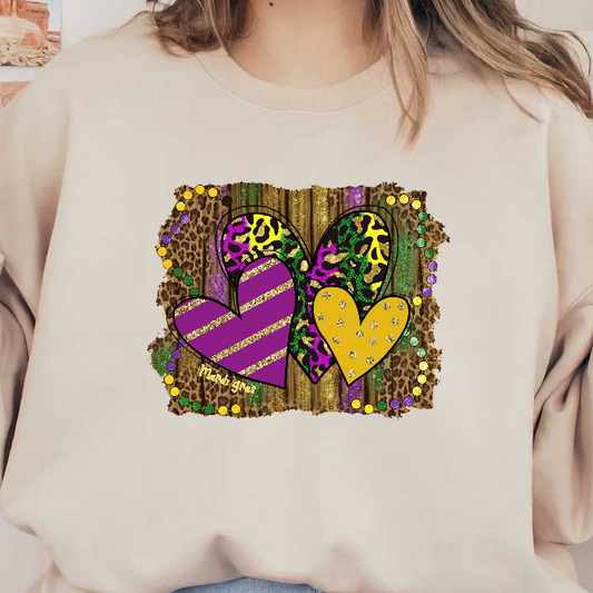 Colorful Mardi Gras-themed design featuring vibrant hearts in purple, yellow, and animal print, adorned with glitter and beads.DTF Transfers