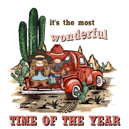 A whimsical illustration featuring a vintage red truck, cacti, and two cheerful characters celebrating "the most wonderful time of the year." dtf transfers