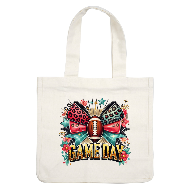 Celebrate Game Day with this vibrant design featuring a football, playful bows, and colorful decorative elements!DTF Transfers dtf prints