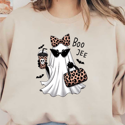 A stylish ghost holding a leopard print bag and drink, exuding chic vibes!DTF Transfers