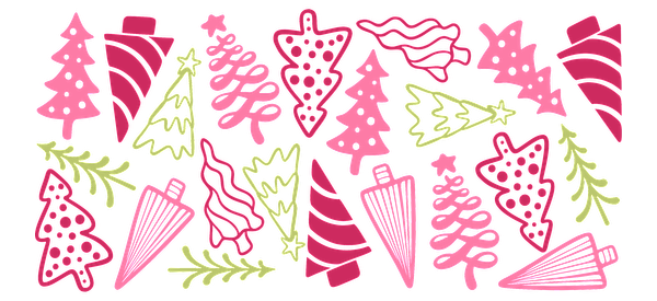 A vibrant, festive design featuring pink and green Christmas trees, ornaments, and swirls, perfect for holiday decorations!UV Transfers heat press transfers