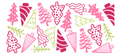 A vibrant, festive design featuring pink and green Christmas trees, ornaments, and swirls, perfect for holiday decorations!UV Transfers heat press transfers