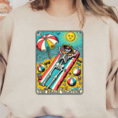 A playful illustration of a skeleton enjoying a sunny beach vacation, complete with sunglasses, a beach umbrella, and colorful beach balls.dtf regular iron