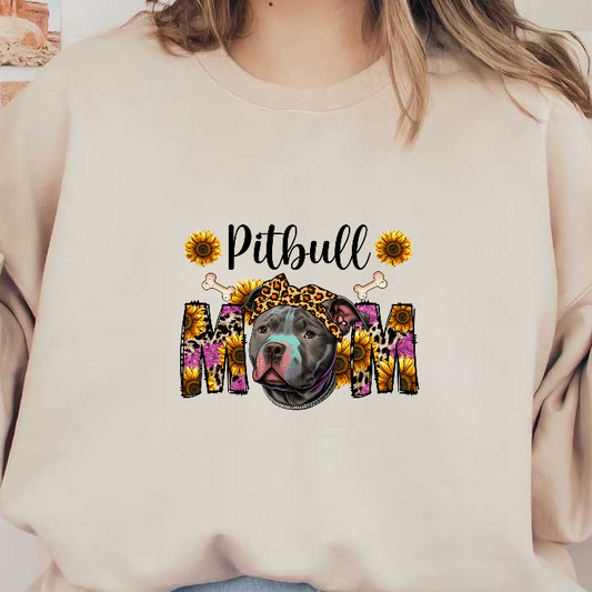 A shirt design with a colorful pitbull mom illustration and sunflowers.DTF Transfers