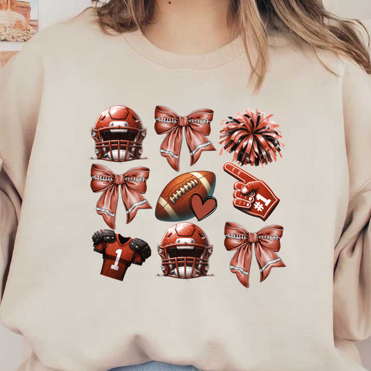 A vibrant collection of football-themed illustrations featuring helmets, jerseys, bows, a football, a foam finger, and a pom-pom. dtf transfers