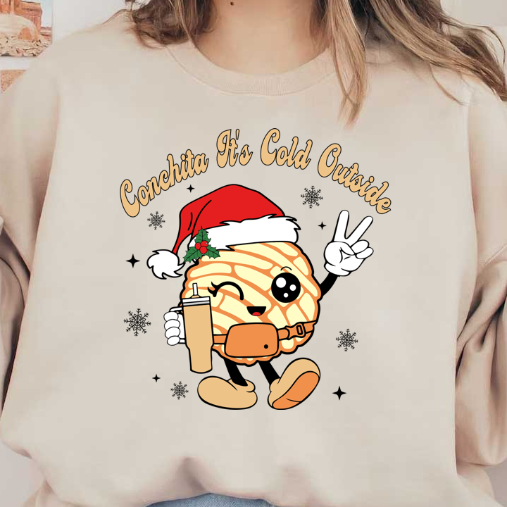 A cheerful cartoon character wearing a Santa hat, holding a drink, with the playful text "Conchita It's Cold Outside" above.DTF Transfers dtf transfersdtf regular iron