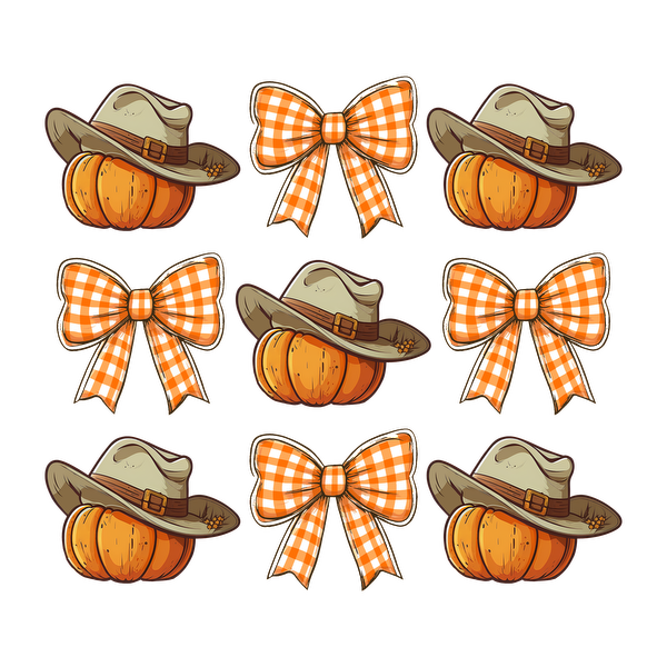 Una encantadora colección de calabazas y elegantes sombreros combinados con festivos lazos a cuadros naranjas, perfectos para la decoración de otoño.