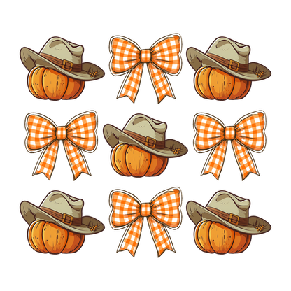 Una encantadora colección de calabazas y elegantes sombreros combinados con festivos lazos a cuadros naranjas, perfectos para la decoración de otoño.