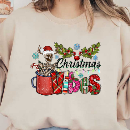 A playful design featuring a skeleton in a Santa hat, surrounded by Christmas decorations and the cheerful text "Christmas Vibes."DTF Transfers dtf prints