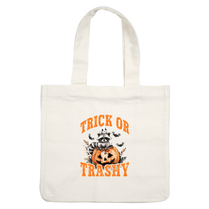 A whimsical Halloween design featuring a raccoon and a ghost atop a carved pumpkin with the playful phrase "Trick or Trashy." dtf transfers