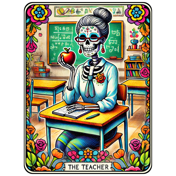 Un profesor esqueleto colorido, vestido al estilo del Día de Muertos, se sienta en un escritorio sosteniendo una manzana en un salón de clases.