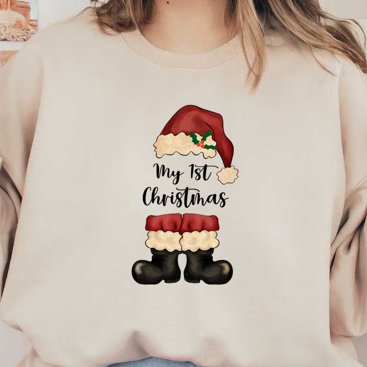 A whimsical illustration of Santa's iconic hat and boots, featuring festive colors and fluffy white trim. heat press transfers