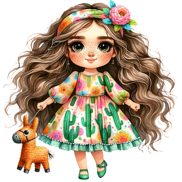 Una encantadora niña de dibujos animados con un colorido vestido con estampado de cactus, cabello largo y rizado y una diadema floral, sosteniendo una piñata.