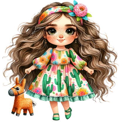 Una encantadora niña de dibujos animados con un colorido vestido con estampado de cactus, cabello largo y rizado y una diadema floral, sosteniendo una piñata.