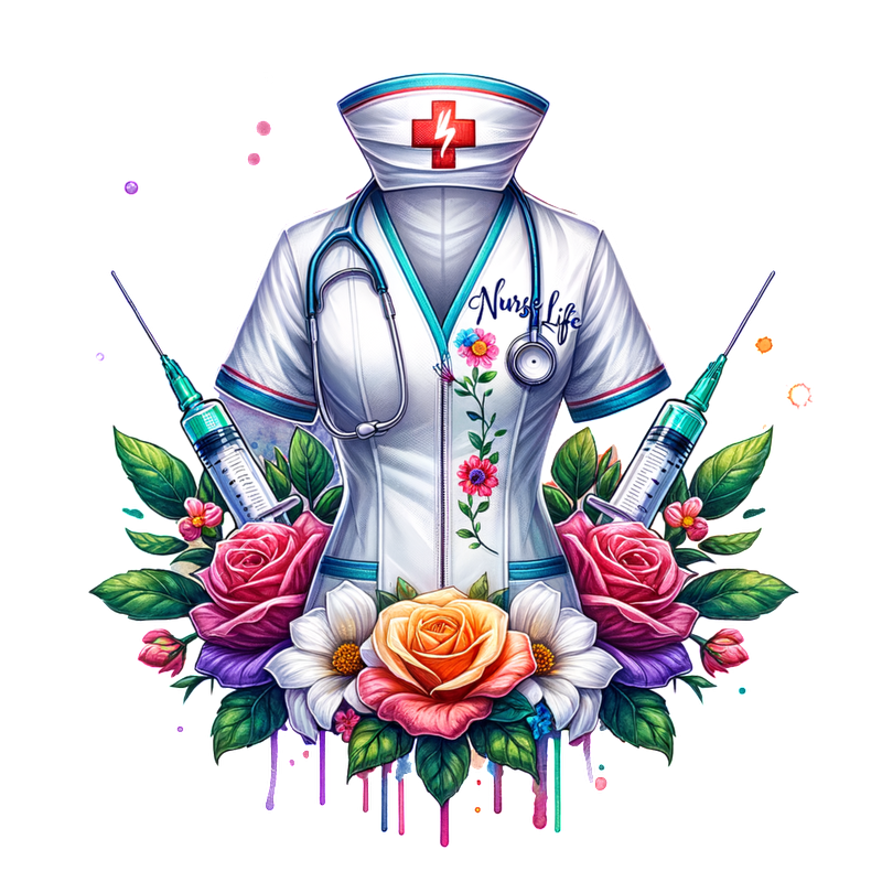 A vibrant depiction of a nurse's uniform adorned with flowers and medical tools, celebrating the spirit of "Nurse Life."DTF Transfers