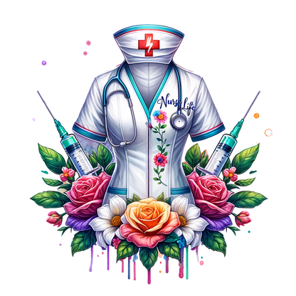 A vibrant depiction of a nurse's uniform adorned with flowers and medical tools, celebrating the spirit of "Nurse Life."DTF Transfers